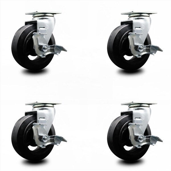 5 Inch Rubber on Cast Iron Swivel Caster Set with Ball Bearings and Brakes